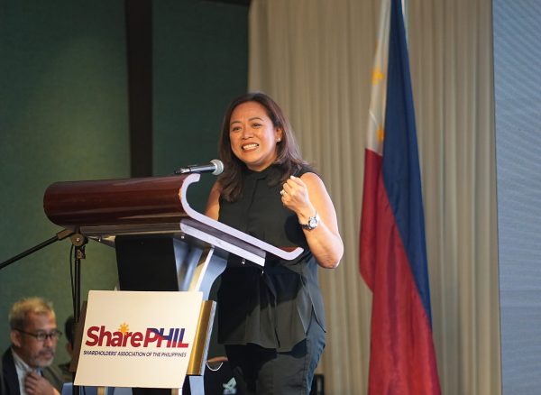SHN09422 Joan Cosico, Founder and CEO of Alere Consulting, speaking at the SharePHIL 2nd General Membership Meeting and Investor Relations Forum 2026.